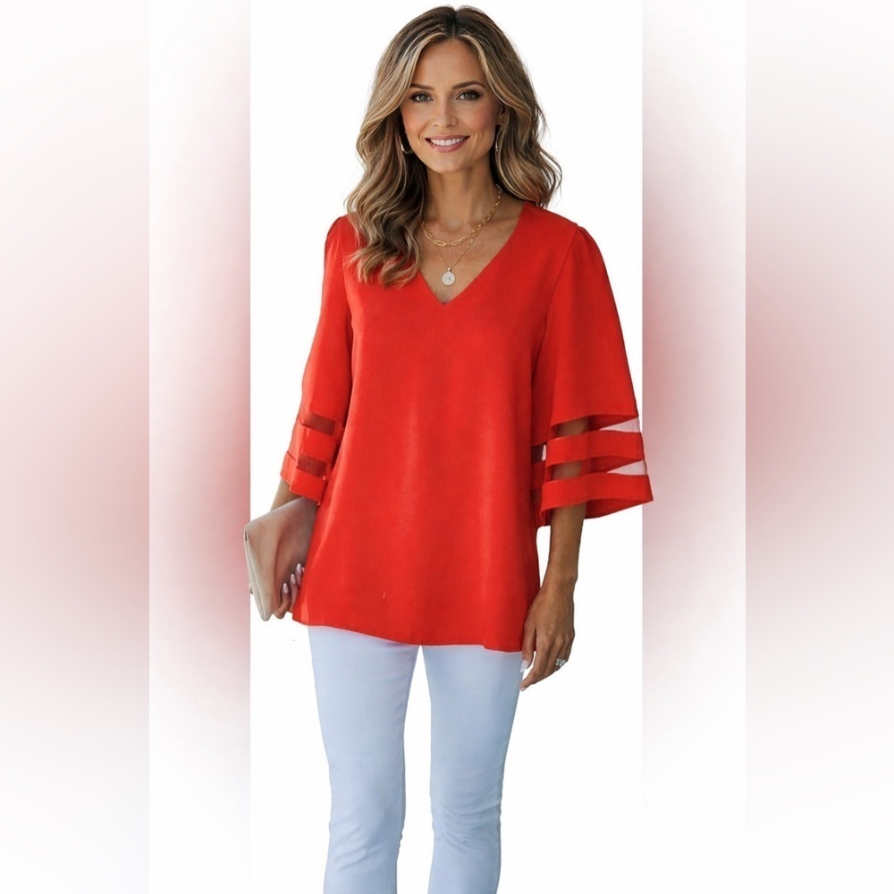 Liantly red V-neck short sleeve blouse
